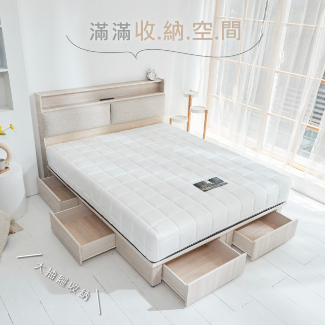 【藤原傢俬】白梧桐雙USB貓抓皮6抽床組(雙USB貓抓床頭+新6抽床底/床架+白色戀人床墊)